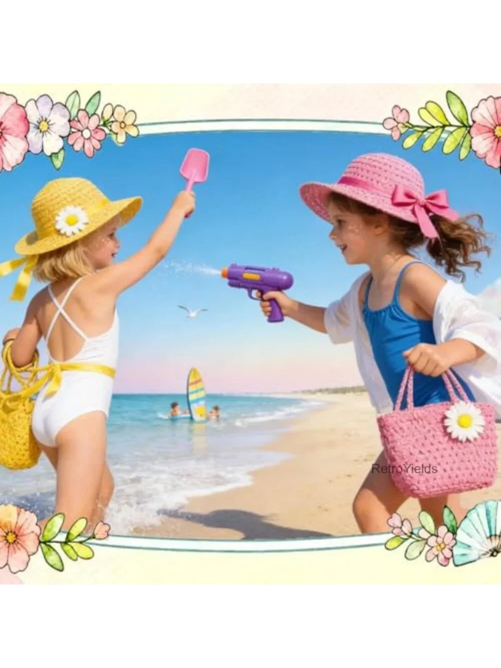 Girls Straw Sun Hat & Purse Set - 6 Pack Kids Tea Party Birthday Gift